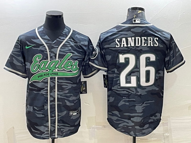 Men's Philadelphia Eagles #26 Miles Sanders Grey Camo With Patch Cool Base Stitched Baseball Jersey Men's Philadelphia Eagles #26 Miles Sanders Grey Camo With Patch Cool Base Stitched Baseball Jersey